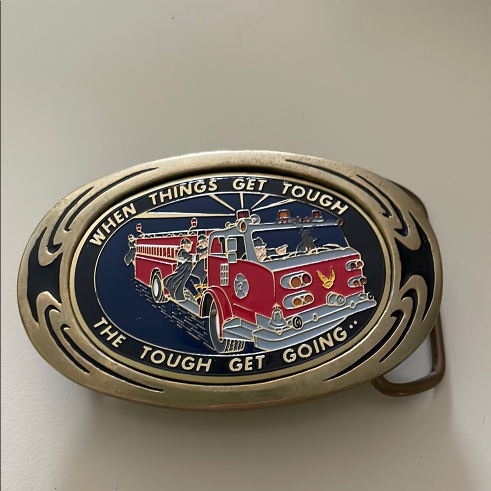Vintage 1983 Solid Brass “When Things Get Tough” Fire Truck Belt Buckle